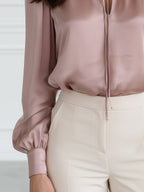 Tie-Neck Satin Bishop-Sleeve Blouse