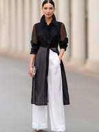 Elegant Sheer Organza Long Shirt-Style Jacket & White Wide-Leg Trousers Two-Piece Set