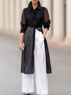 Elegant Sheer Organza Long Shirt-Style Jacket & White Wide-Leg Trousers Two-Piece Set