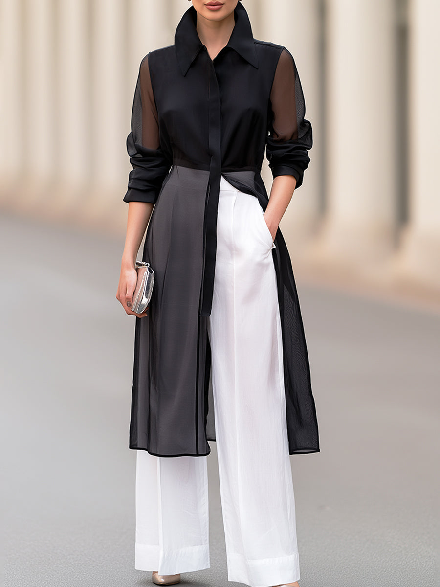 Elegant Sheer Organza Long Shirt-Style Jacket & White Wide-Leg Trousers Two-Piece Set