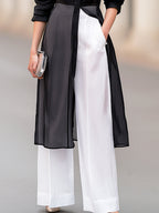Elegant Sheer Organza Long Shirt-Style Jacket & White Wide-Leg Trousers Two-Piece Set