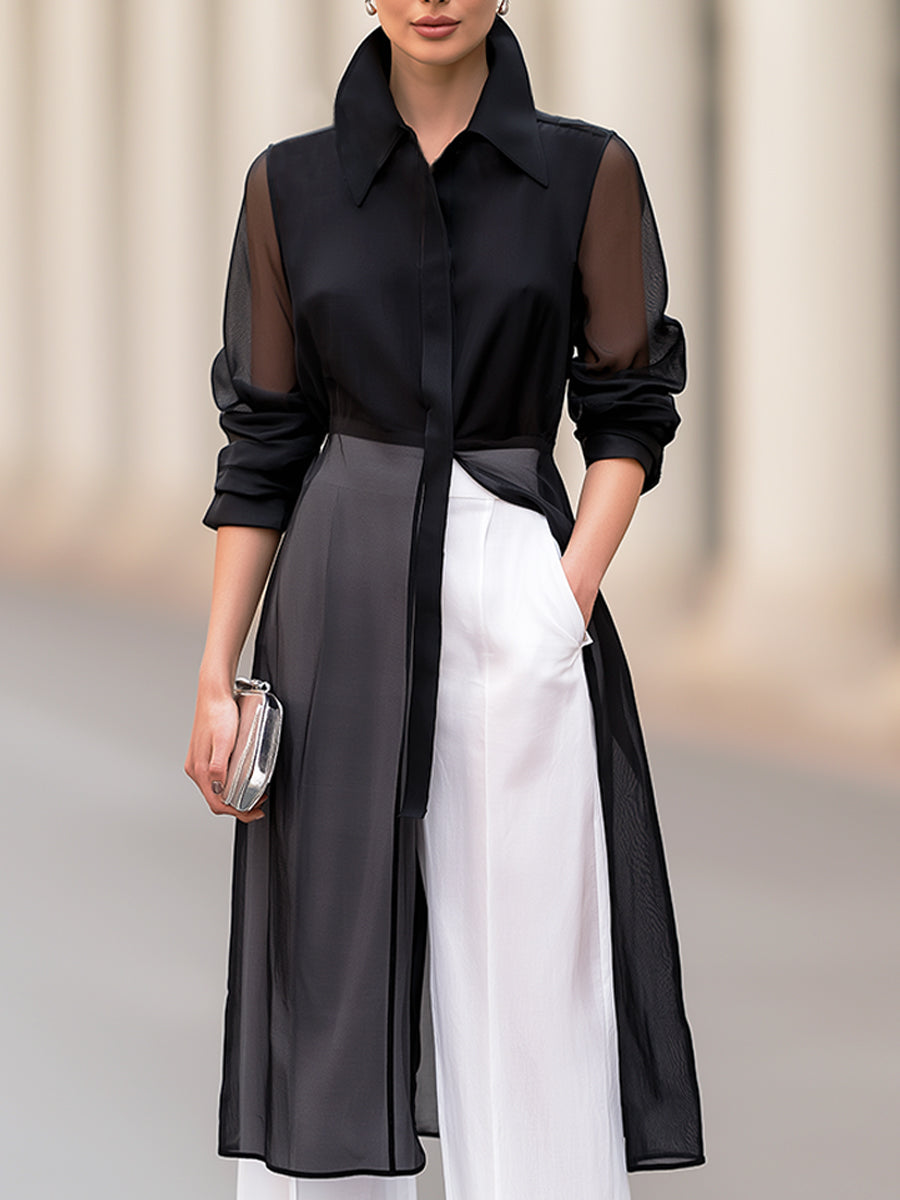 Elegant Sheer Organza Long Shirt-Style Jacket & White Wide-Leg Trousers Two-Piece Set