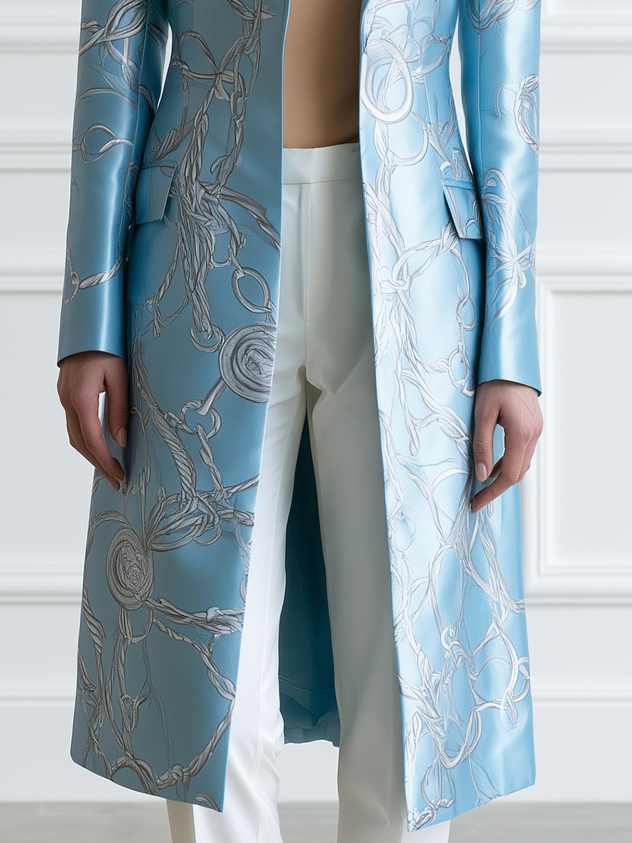 Chain-Print Satin Longline Blazer
