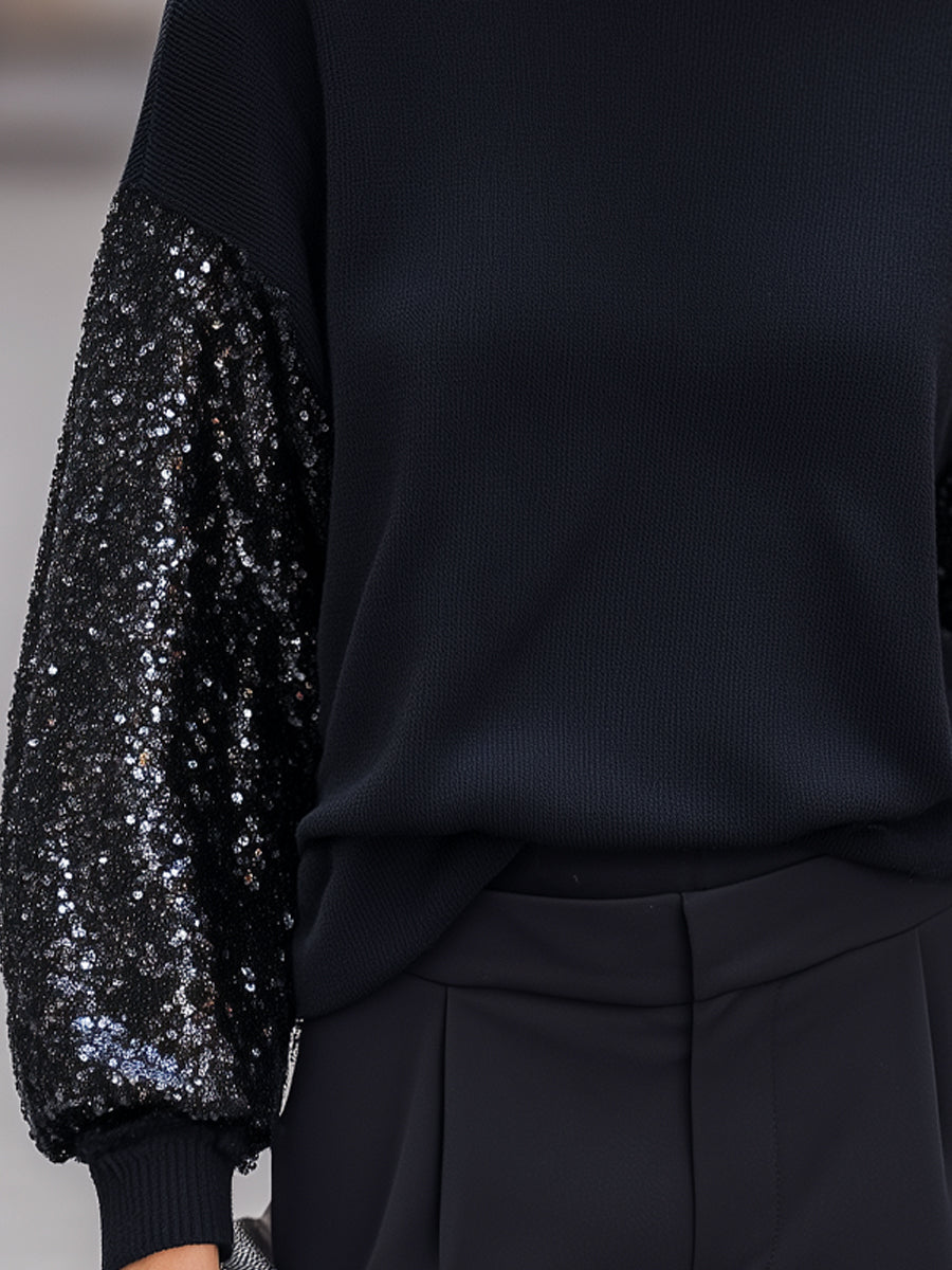Sequin-Panel Long-Sleeve Structured Knit Top