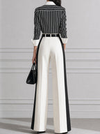 Striped Contrast-Collar Blouse & Wide-Leg Pants Set