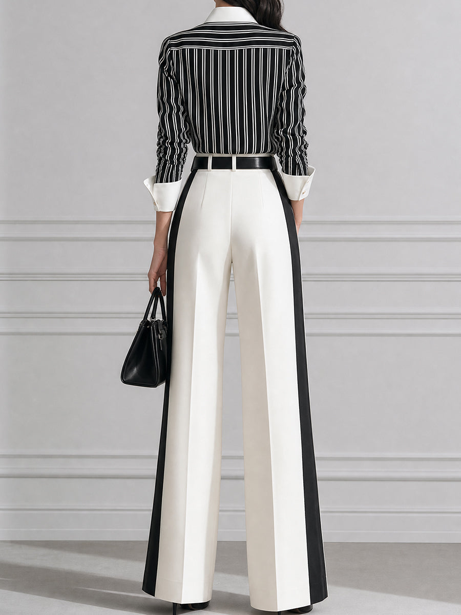 Striped Contrast-Collar Blouse & Wide-Leg Pants Set