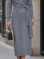 V-Neck Wrap-Front Ribbed Knit Midi Dress