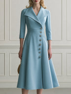 Elegant Notch Collar A-Line Midi Dress with Button Front