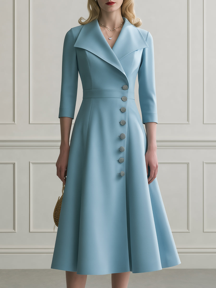 Elegant Notch Collar A-Line Midi Dress with Button Front