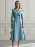 Elegant Notch Collar A-Line Midi Dress with Button Front