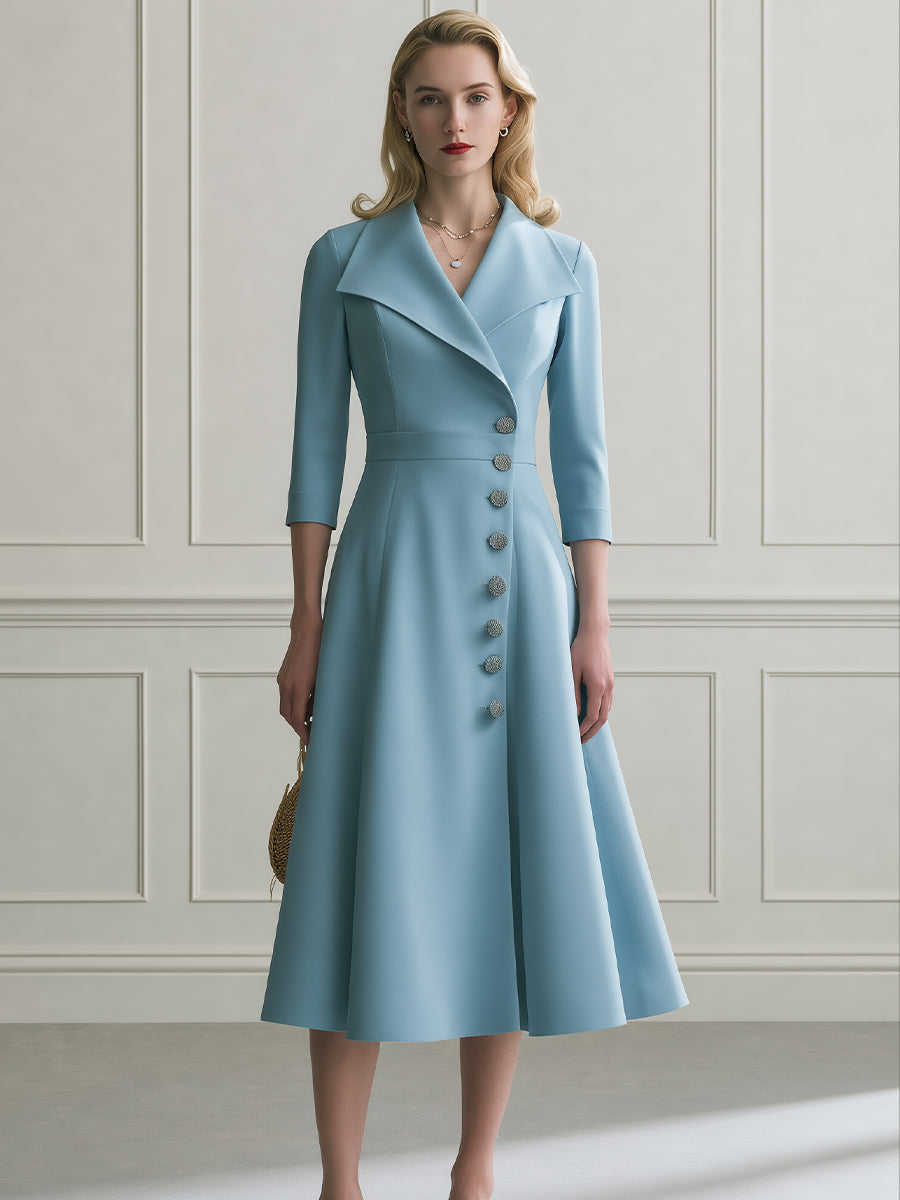 Elegant Notch Collar A-Line Midi Dress with Button Front