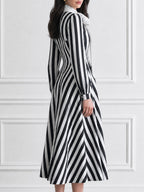 Striped Bow-Tie Neck Long Sleeve Midi Dress