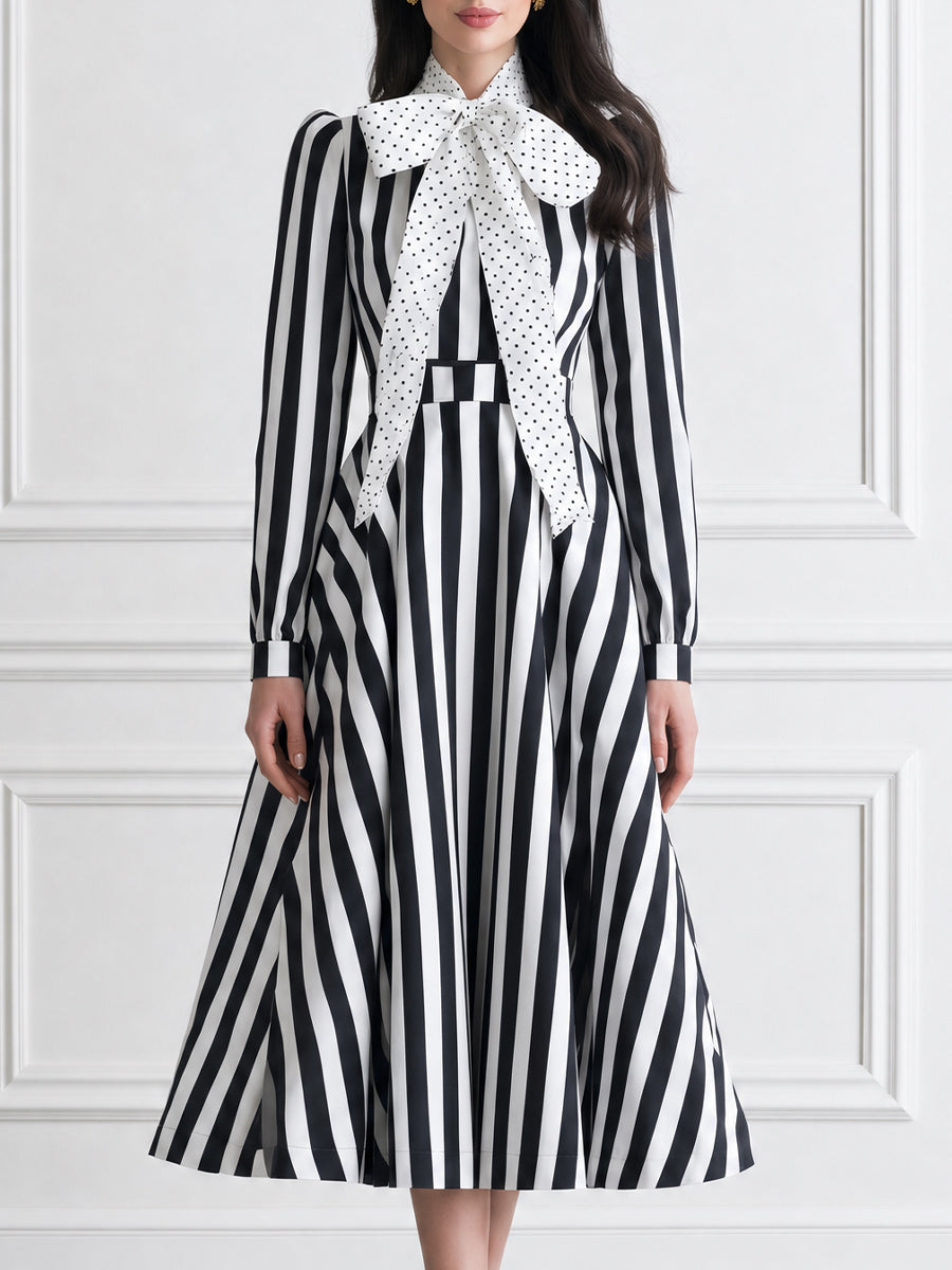 Striped Bow-Tie Neck Long Sleeve Midi Dress