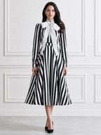 Striped Bow-Tie Neck Long Sleeve Midi Dress