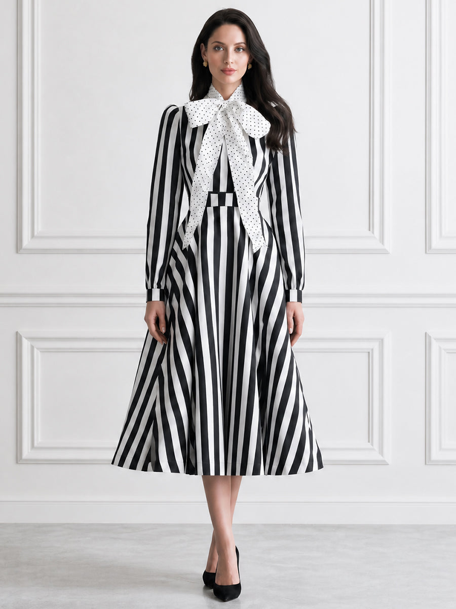 Striped Bow-Tie Neck Long Sleeve Midi Dress
