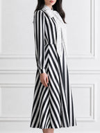Striped Bow-Tie Neck Long Sleeve Midi Dress