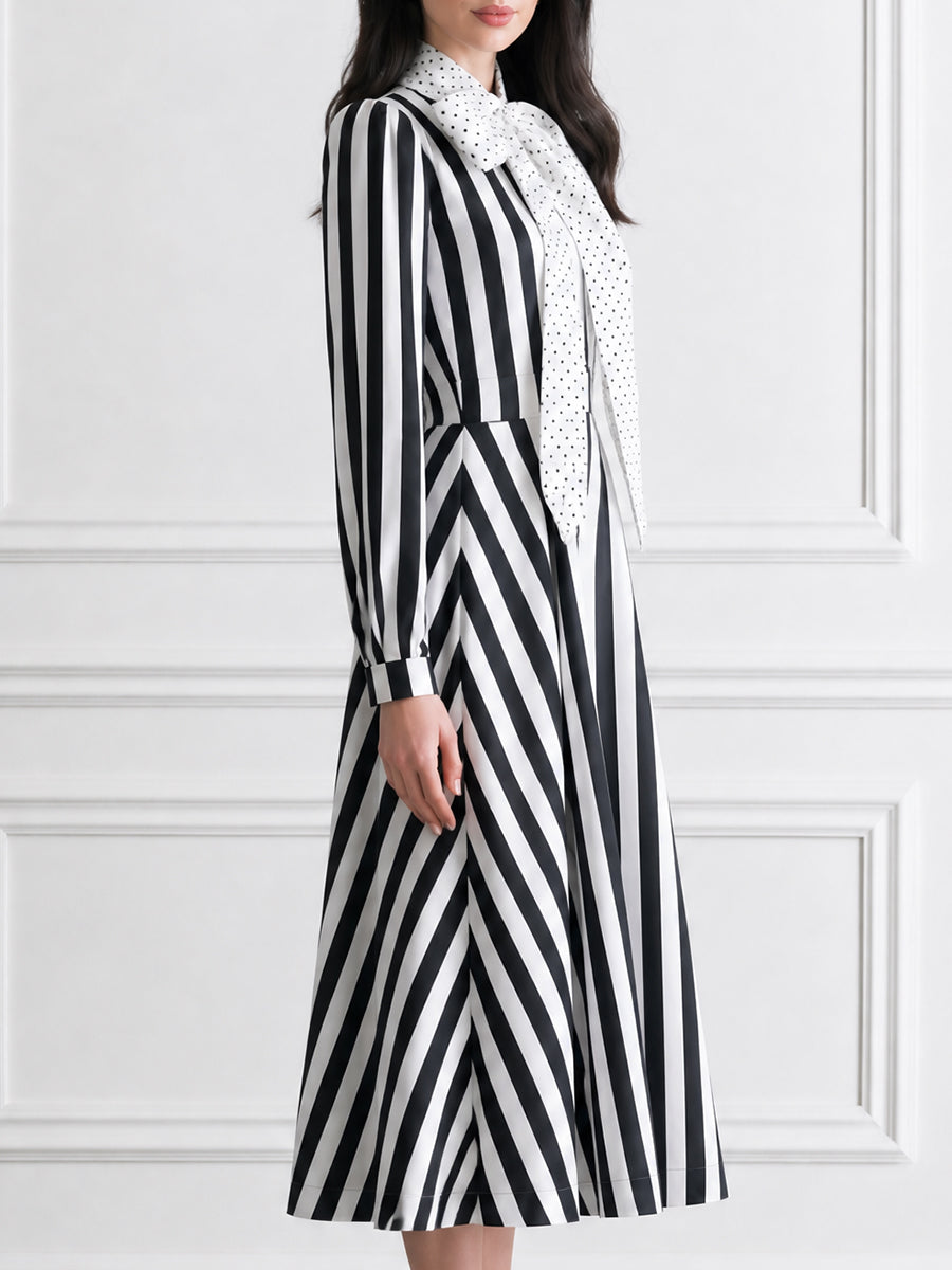 Striped Bow-Tie Neck Long Sleeve Midi Dress