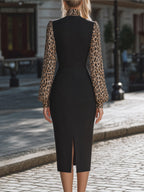 Leopard-Print Bow-Tie Sleeve Structured Midi Dress
