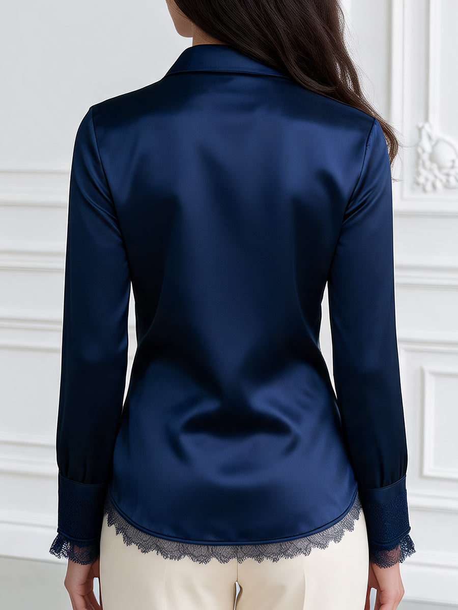 Lace-Trim Satin V-Neck Blouse