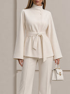 Belted Stand Collar Flare Sleeve Jacket & Wide Leg Trouser Co-Ord Set