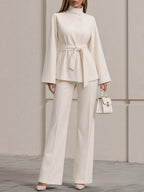 Belted Stand Collar Flare Sleeve Jacket & Wide Leg Trouser Co-Ord Set
