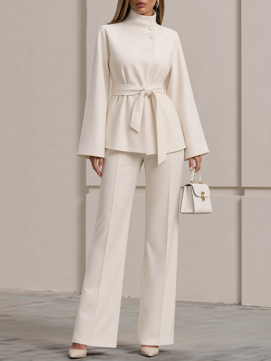 Belted Stand Collar Flare Sleeve Jacket & Wide Leg Trouser Co-Ord Set