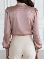 Tie-Neck Satin Bishop-Sleeve Blouse