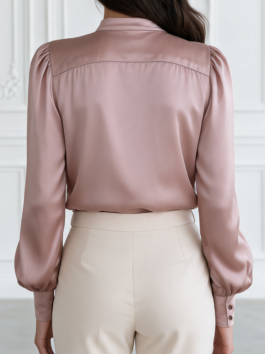 Tie-Neck Satin Bishop-Sleeve Blouse