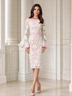 Floral Lace Off-the-Shoulder Bell Sleeve Sheath Midi Dress