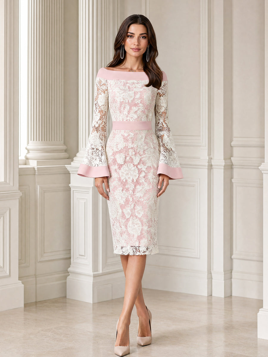 Floral Lace Off-the-Shoulder Bell Sleeve Sheath Midi Dress
