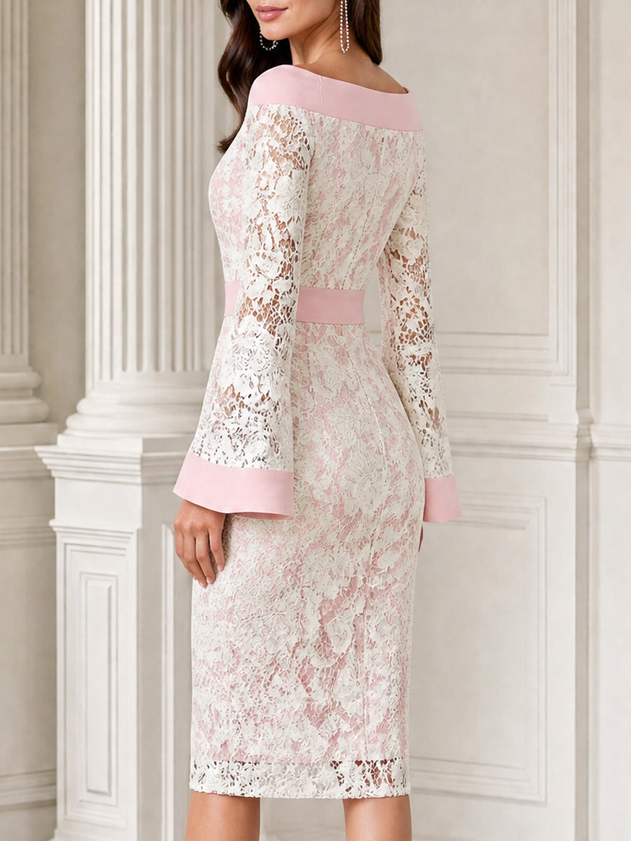 Floral Lace Off-the-Shoulder Bell Sleeve Sheath Midi Dress