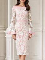 Floral Lace Off-the-Shoulder Bell Sleeve Sheath Midi Dress