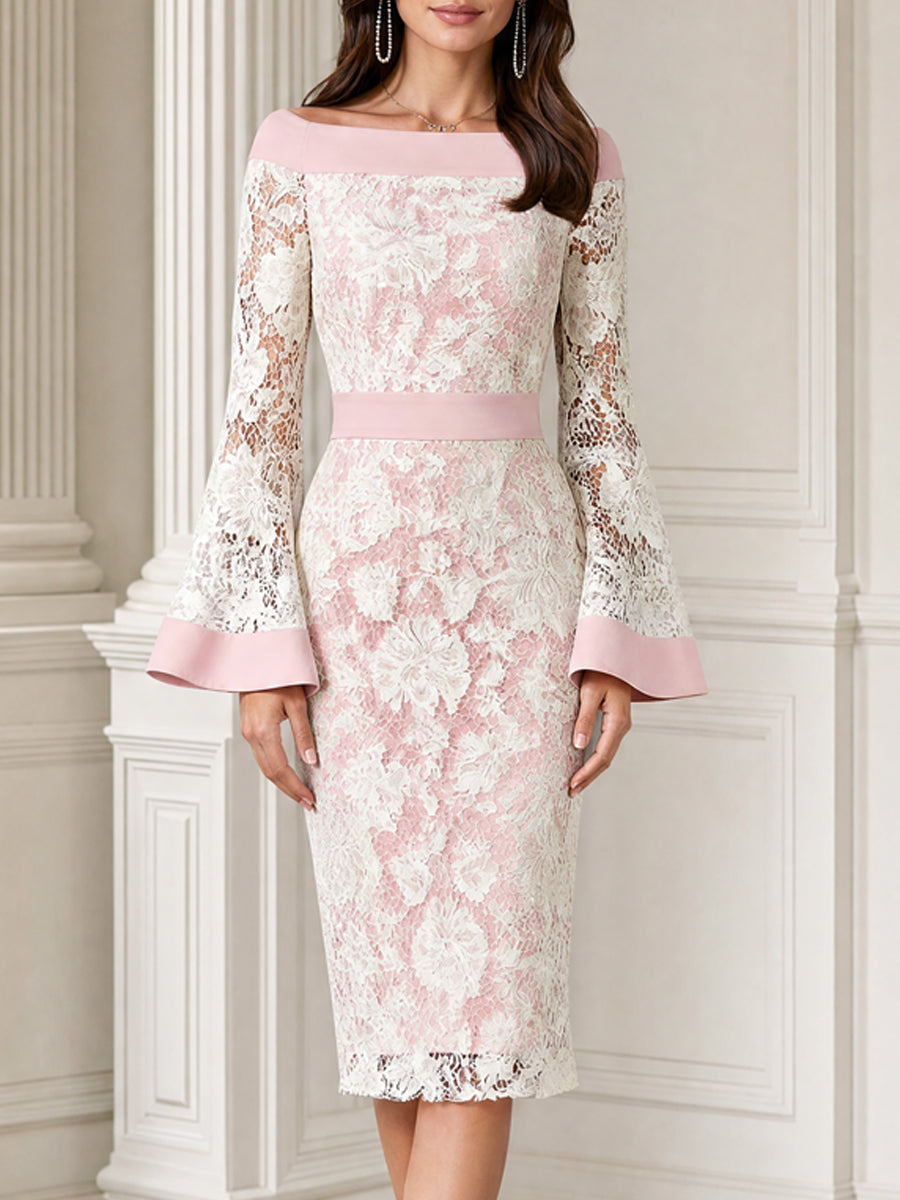 Floral Lace Off-the-Shoulder Bell Sleeve Sheath Midi Dress