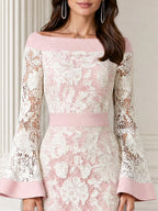 Floral Lace Off-the-Shoulder Bell Sleeve Sheath Midi Dress