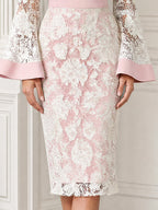 Floral Lace Off-the-Shoulder Bell Sleeve Sheath Midi Dress