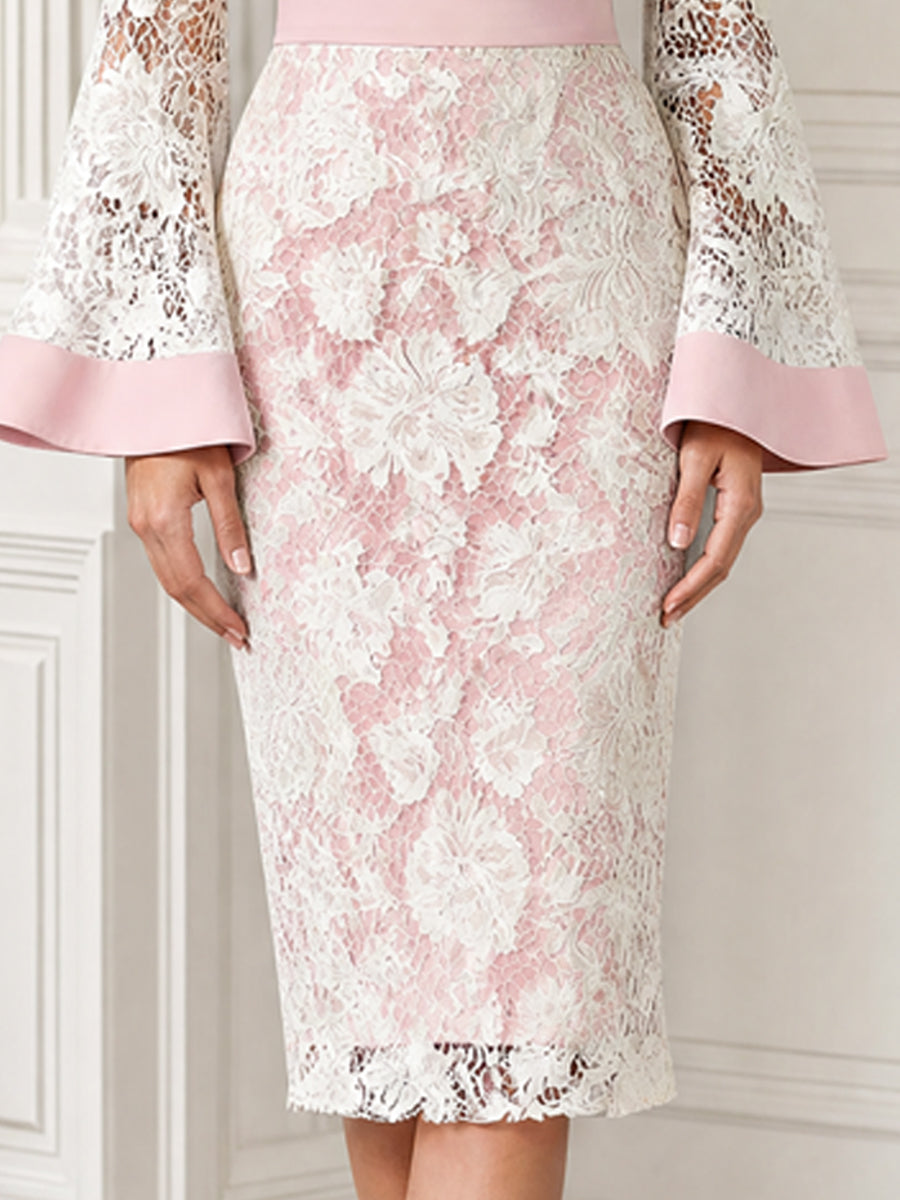 Floral Lace Off-the-Shoulder Bell Sleeve Sheath Midi Dress