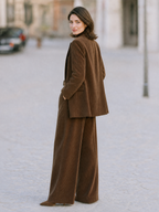 Elegant Corduroy Tailored Blazer And Wide Leg Pants Suit Set