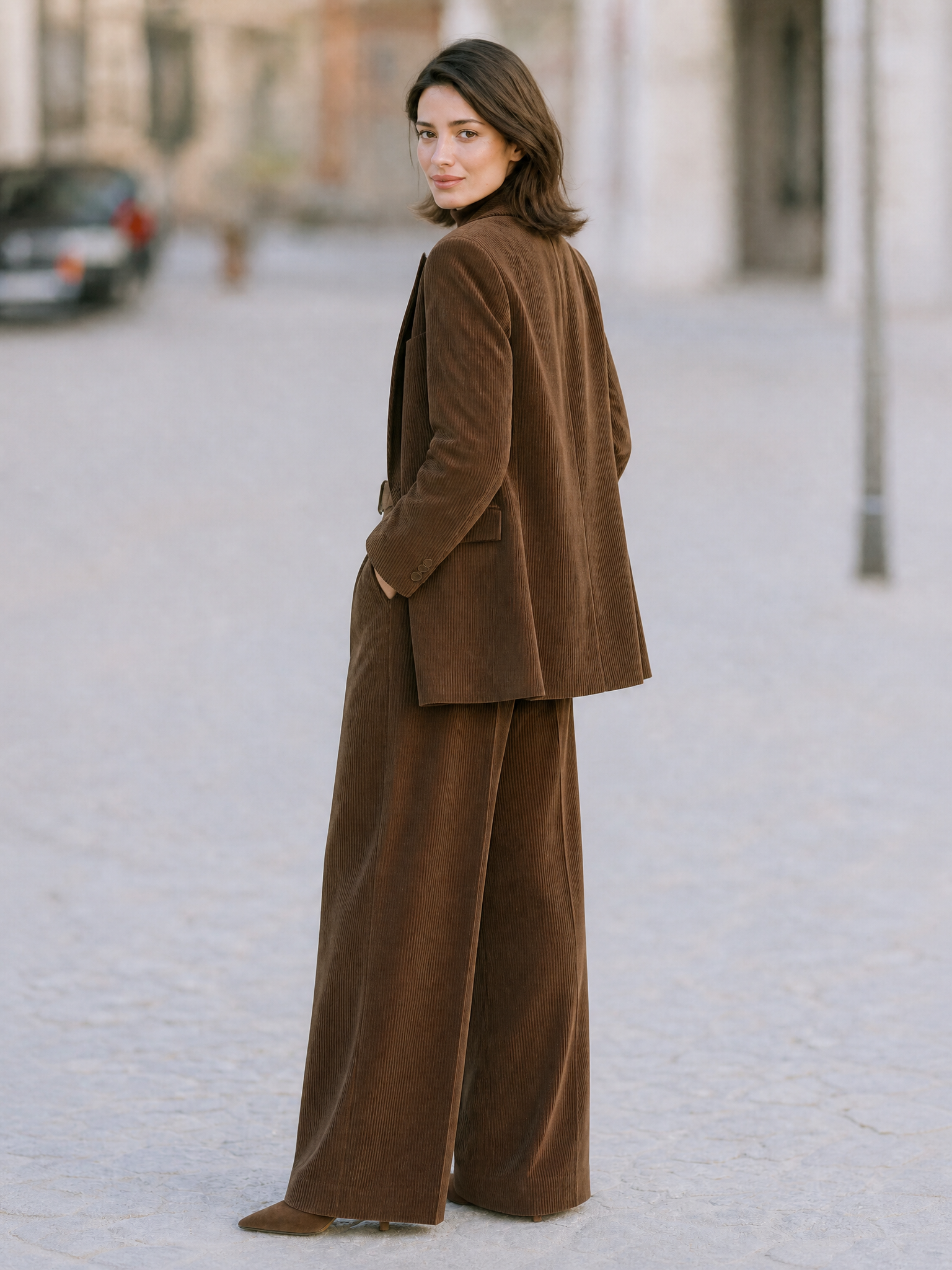 Elegant Corduroy Tailored Blazer And Wide Leg Pants Suit Set