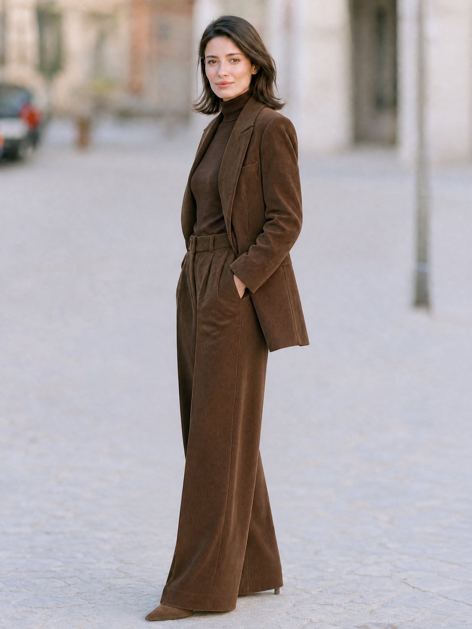 Elegant Corduroy Tailored Blazer And Wide Leg Pants Suit Set