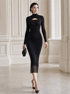 Cutout Mock Neck Lace Trim Ruched Midi Dress