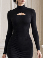 Cutout Mock Neck Lace Trim Ruched Midi Dress