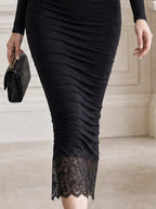 Cutout Mock Neck Lace Trim Ruched Midi Dress