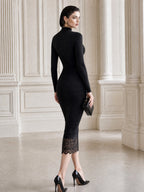 Cutout Mock Neck Lace Trim Ruched Midi Dress