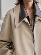 Faux Leather Two-Piece Contrast Collar Zip-Front Bomber Jacket