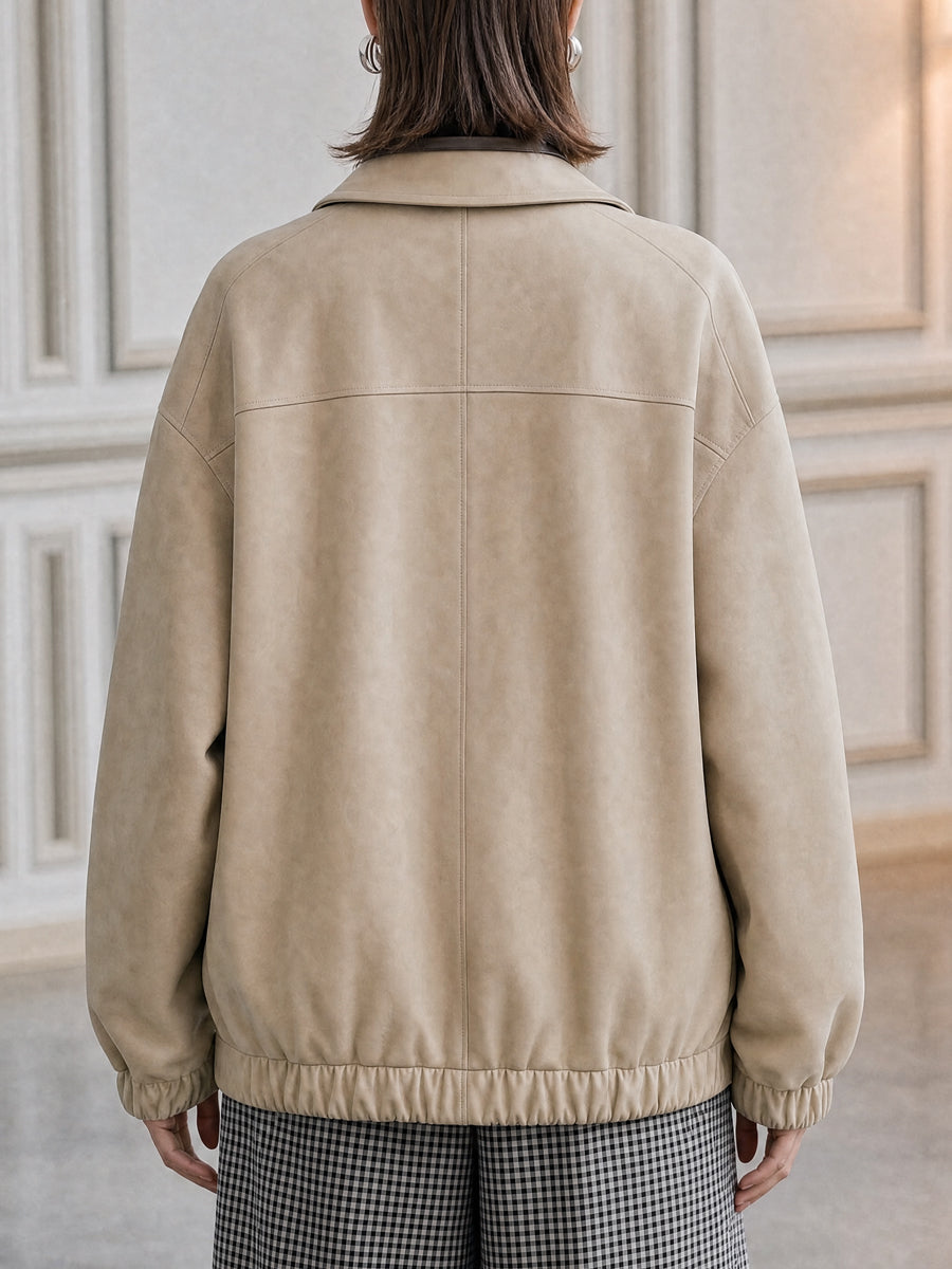 Faux Leather Two-Piece Contrast Collar Zip-Front Bomber Jacket
