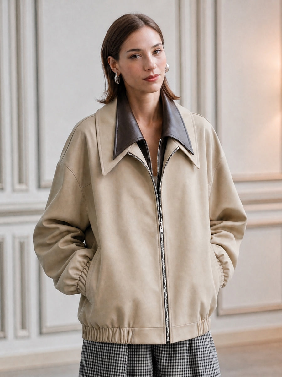 Faux Leather Two-Piece Contrast Collar Zip-Front Bomber Jacket