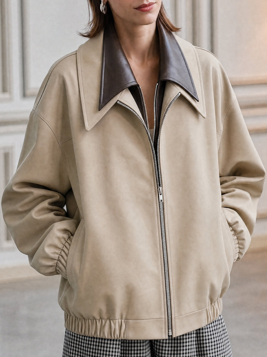 Faux Leather Two-Piece Contrast Collar Zip-Front Bomber Jacket