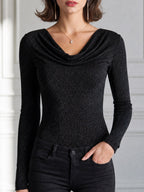 Elegant Glitter Cowl Neck Long-Sleeve Knit Top