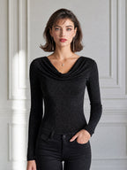 Elegant Glitter Cowl Neck Long-Sleeve Knit Top