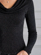 Elegant Glitter Cowl Neck Long-Sleeve Knit Top